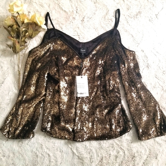 Bardot Sequins Gold Black Cold Shoulder Blouse New Size XS - Picture 2 of 12